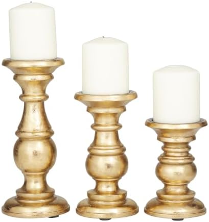 Deco 79 Mango Wood Decorative Candle Holder Turned Style Pillar Candle Stand, Set of 3 Candlestick Holder 10", 8", 6"H, Gold by Unknown