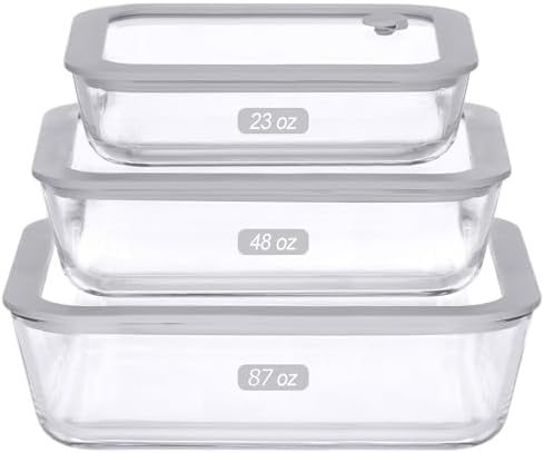 Glass Food Containers with Glass Lid, Microwave Safe Food Storage Container Set, 3 Pack of Large Size, Food Storage Containers with Lids, Meal Prep containers with Leak Proof Lid. by Eco-Evo