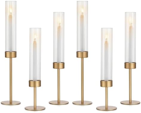 Glasseam Hurricane Gold Candlestick Holders: 6Pcs Taper with Glass Cylinder by Glasseam