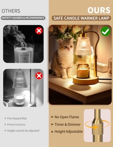 Candle Warmer Lamp for Jar Candles, Height Adjustable & Dimmable with 2/4/8H Timer, 2 * 50W Halogen Wax Melter Warmer for Home Office Décor, Flameless & Smokeless, Gift for Women Mom,Gold-Clear01 - Image 2