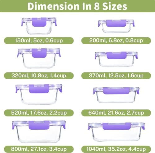 8 Pack Glass Food Storage Containers with Snap Locking Lids for Meal Prep - Image 2
