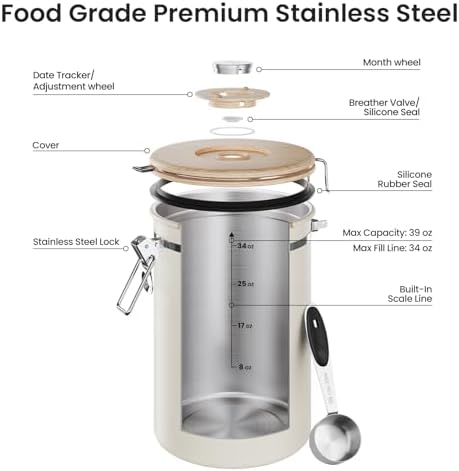 Veken Coffee Canister,39OZ, 2.2lbs,Large Airtight Stainless Steel Container Kitchen Food Storage Jars for Beans,Ground, Espresso, Rice,Tea, Sugar, Cereal, Gifts, Date Tracker, Scoop, Cream (Pack of 2) - Image 5