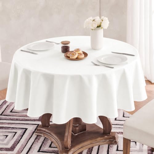 Veblandy Faux Linen Round Tablecloth 60 inch, Table Cloth Wrinkle Free Decorative Fabric Waterproof Table Cover for Dining/Party/Buffet/Wedding, White - Image 2