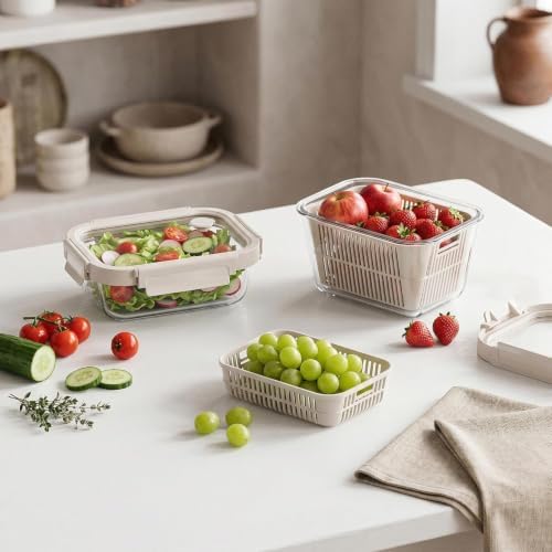GENICOOK Glass Fruit Storage Containers for Fridge, 2 Set Produce Containers with Removable Colanders & Vent Glass Lids, Airtight Fruit & Vegetable Storage, BPA Free Borosilicate Glass - Image 2
