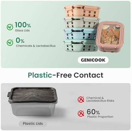 GENICOOK Glass Meal Prep Containers 5 Set, 4.4 Cup Airtight Leakproof Lids, Borosilicate Glass Food Storage Containers, Microwave Oven Freezer Safe, BPA Free Lunch Containers - Image 3