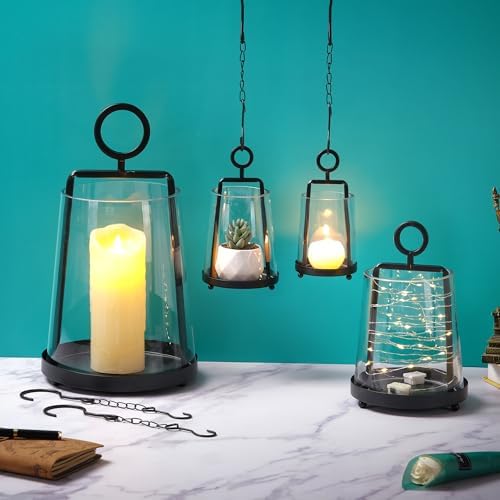 6" Wide Modern Farmhouse Metal Hurricane Candle Holder with Handmade Sturdy Glass Sleeve in Black for Pillar Candle & Plants, Glass Hurricane Lantern, Industrial, Minimalistic - Image 5
