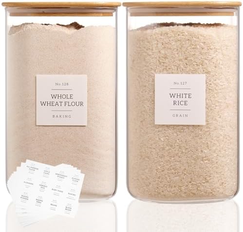 2 Pack large Square Glass Flour and Sugar Containers with 132 Kitchen Pantry Labels - Thicken 149 floz Glass Storage Jars with Airtight Bamboo Lid - Big Rice Canisters for Coffee, Pasta, Cereal by CZDYSM