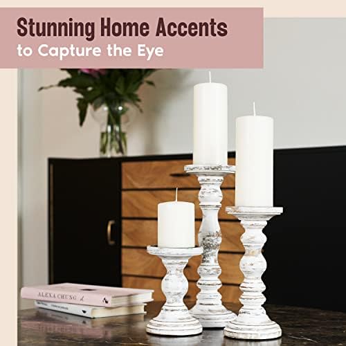 Wooden Pillar Candle Holder, Farmhouse Fireplace Mantel Decor, Rustic White - Image 4