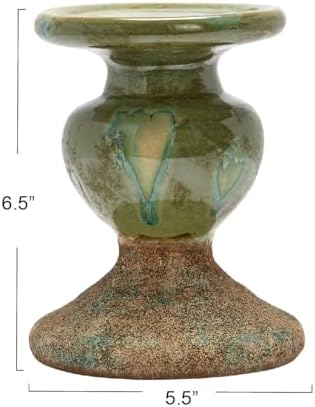 Creative Co-Op 2-Tone Sculptural Terracotta Pillar Candle Holder, Distressed Green - Image 2