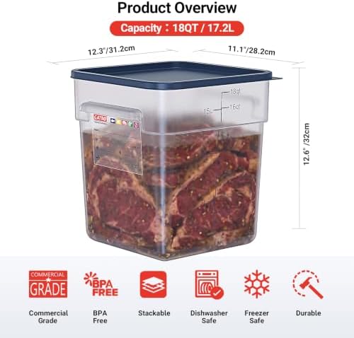2 Pack 18 QT Commercial Food Storage Containers with Lids, BPA-Free Translucent Large Square Containers with Handles for Bulk Ingredients, Flour, Dough Rising and Pet Food Storage - Image 2