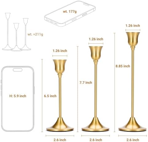 Tifanso 3PCS Vintage Brass Gold Taper Candlestick Holders for Table Decor - Image 2