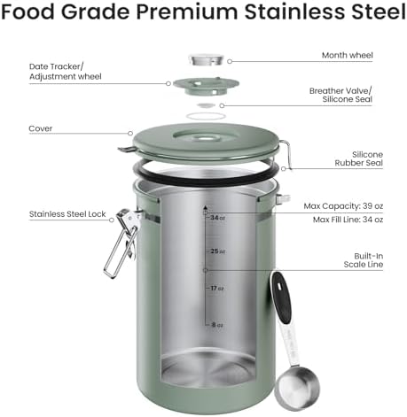 Veken Coffee Canister,39OZ, 2.2lbs,Large Airtight Stainless Steel Container - Image 4