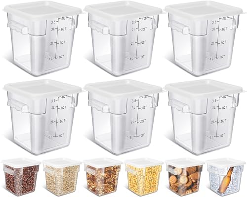 Yungyan 6 Pcs Commercial Clear Food Storage Containers 4 Qt Square Acrylic Airtight Food Storage Containers with Lids for Kitchen Restaurant Pantry Freezer Flour Sugar (White) by Yungyan