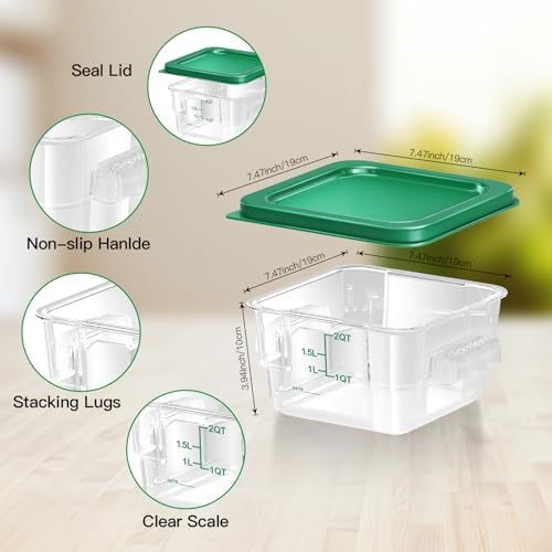 6 pcs 2qt Food Storage Containers with Lid, Square Clear Commercial Storage Containers with Handle and Scale for Food Storage in Home Kitchen & Dining (Green) - Image 3