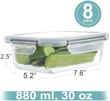 HOMBERKING 30oz 8 Pack Glass Meal Prep Containers with Lids, Food Storage Airtight Bento Boxes with Leak Proof Locking for Microwave, Oven, Freezer and Dishwasher (8 lids & 8 Containers) - Image 2