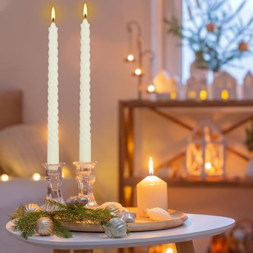 WPONSZU 10 Inch Ivory Spiral Taper Candle Set of 12 Pack Unscented Dripless Candlesticks for Valentine's Day,Dinner,Party,Brithday,Wedding,Christmas,and Home Decoration - Image 3