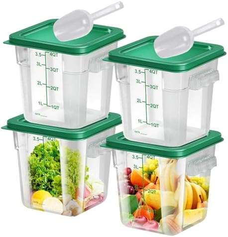 4 pcs 4qt Food Storage Containers with Lid, Square Clear Commercial Food Storage Containers with Handle and Scale for Food Storage in Home Kitchen & Dining (Green) by Unknown