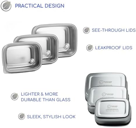 Stainless Steel Food Storage Containers with Clear Platinum Silicone Lids, Airtight, Leakproof 18/8 (304) Food Grade SS Nested 3Pk 20/30/40 oz Plastic-Free - Image 5