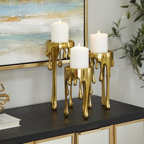 CosmoLiving by Cosmopolitan Aluminum Metal Abstract Decorative Candle Holder Melting Drip Candle Stand, Set of 3 Candlestick Holder 12", 10", 8"H, Gold - Image 3