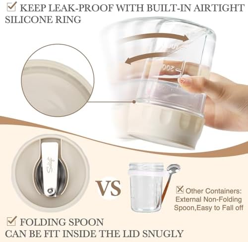 SOLIGT Overnight Oats Containers with Lids, Folding Spoons and Divided Compartment for Fruit & Nuts, Small Glass 16oz Mason Jars for Oatmeal Yogurt Parfait (2 Set-Smoke Gray/Oat White) - Image 4