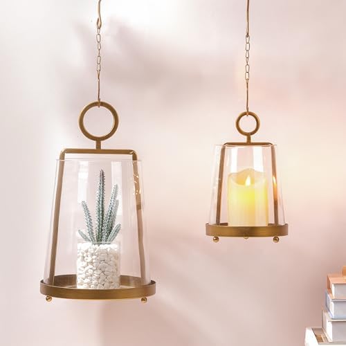 9" & 6" Wide Modern Farmhouse Metal Hurricane Candle Holder with Handmade Sturdy Glass Sleeve in VintageBrass for Pillar Candle & Plants, Glass Hurricane Lantern, Industrial, Minimalistic - Image 6