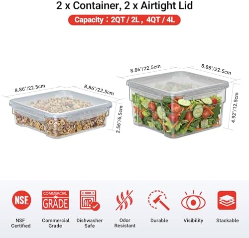 2 Pack Airtight Commercial Food Storage Container Set, Includes 2 QT & 4 QT Clear Containers, Stackable, Gold Scale Markings for Coffee Beans, Sugar and Dry Ingredients, Shallow Model - Image 2