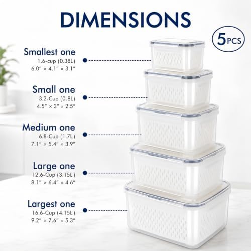5 Pcs Large Fruit Storage Containers for Fridge Food Storage with Colanders - Image 2