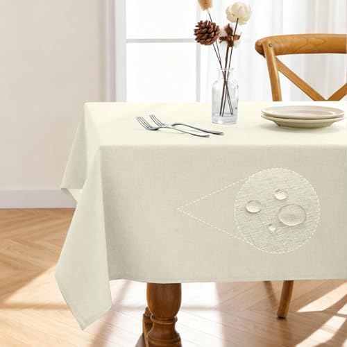 Pureegg Rectangle Linen Tablecloth Waterproof & Stain Resistant, Wrinkle-Free Table Cloth Adds Elegance and Protection, Ideal for Dining, Party, Wedding and Outdoor, 52 x 70 Inch, Cream, Ivory by Pureegg