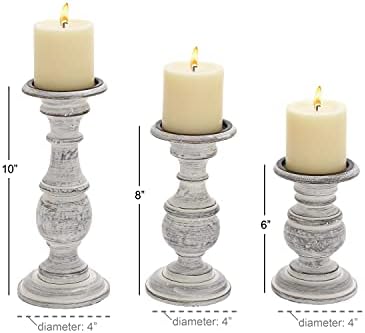 Deco 79 Mango Wood Decorative Candle Holder Turned Style Pillar Candle Stand, Set of 3 Candlestick Holder 10", 8", 6”H, White - Image 3