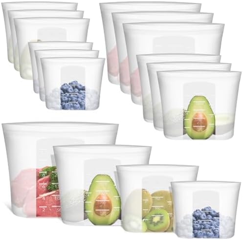 Reusable Storage Bag, 12 Pack 100% Silicone Food Storage Bags Stand Up Zip Lock Bags for Food, Freezer Microwave Oven Dishwasher Safe, 3 Extra Large(0.8 Gallon) 3 Medium 3 Small 3 X-Small, Translucent by Annaklin