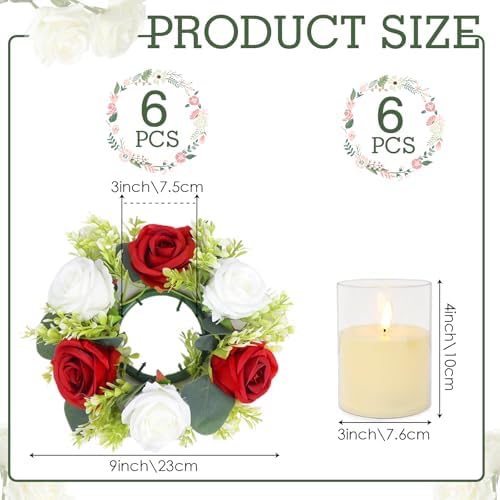 Crimson Rose Candle Rings with Flameless Candles Sets - 12PCS Artificial Flower Eucalyptus Wedding Centerpiece 3 Inch Pillar Candleholders Wreaths for Wedding Party Decor (Crimson - 6 Sets) - Image 2