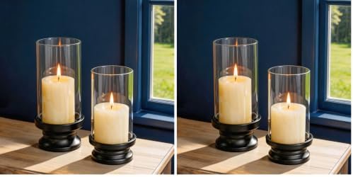 NUPTIO Hurricane Glass Candle Holder: Set of 2 Black Pillar Candle Holders with Glass Cylinder - Metal Pillars Candleholder for Halloween Thanksgiving Fireplace Living Room Decor (Pack of 2) by Nuptio