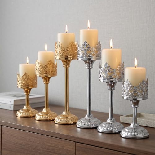 Candle Holder for Pillar Candle Set of 3, Gold Vintage Tall Candleholders for 3 Inch Pillars, Rustic Candle Stand for Fireplace Mantle Shelf Table Home Decor - Image 7