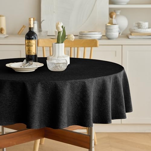 Decorelia Waterproof Linen Texture Table Cloth for Round Dining Table, Decorative Fabric Anti-Scratch Table Cover for Indoor Outdoor Party Dining & Kitchen Table (70 Inch, Round (4-6 Seats), Black) by Decorelia