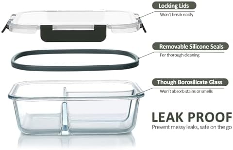 M MCIRCO 5 Pack,36 oz, 3 Compartments Glass Meal Prep Containers with Lids - Image 3