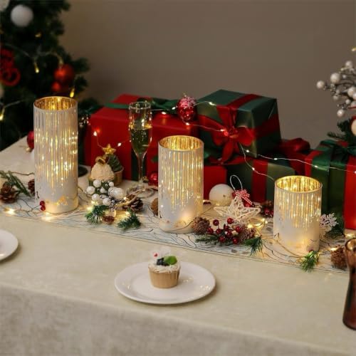 Starry Night Hurricane Candleholders with Warm LED Lights & Remote Timer, Elegant Twinkling Decorative Centerpieces for Wedding, Dining Table, Living Room, Mantel Décor, Set of 3 (White) - Image 3