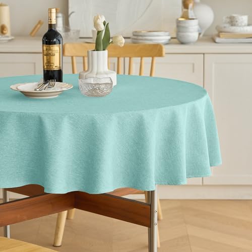Decorelia Waterproof Round Linen Texture Tablecloth 60 inch, Decorative Farmhouse Tablecloths Anti-Scratch Table Cover for Holiday, Banquet, Dining& Kitchen Table (60 Inch, Round (2-4 Seats), Aqua) by Decorelia