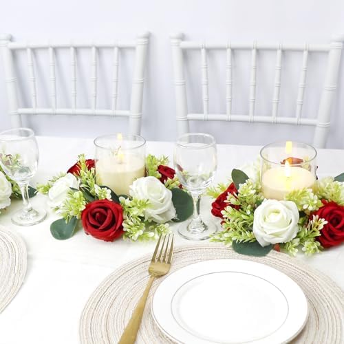 Crimson Rose Candle Rings with Flameless Candles Sets - 12PCS Artificial Flower Eucalyptus Wedding Centerpiece 3 Inch Pillar Candleholders Wreaths for Wedding Party Decor (Crimson - 6 Sets) - Image 6
