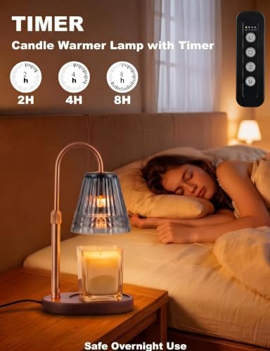 Candle Warmer Lamp with Timer & Dimmer, Adjustable Height Glass Candle Warmer for Jar Candles, Smoky Grey Crystal Shades Brass Electric Wax Melt Lamp with 2 Bulbs - Image 4