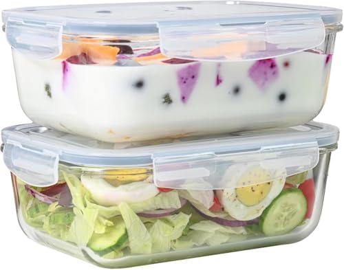 4pc Set - 8 Cup/64oz Large Glass Food Storage Containers with Lids Airtight Meal Prep Container with Lid Lock - Freezer Microwave & Oven Safe Clear Lunch Bowl Stackable Baking Pantry Organizer (2Pack) - Image 7