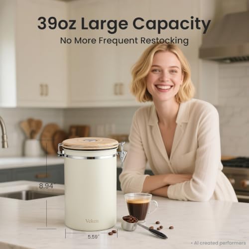 Veken Coffee Canister,39OZ, 2.2lbs,Large Airtight Stainless Steel Container Kitchen Food Storage Jars for Beans,Ground, Espresso, Rice,Tea, Sugar, Cereal, Gifts, Date Tracker, Scoop, Cream (Pack of 2) - Image 2