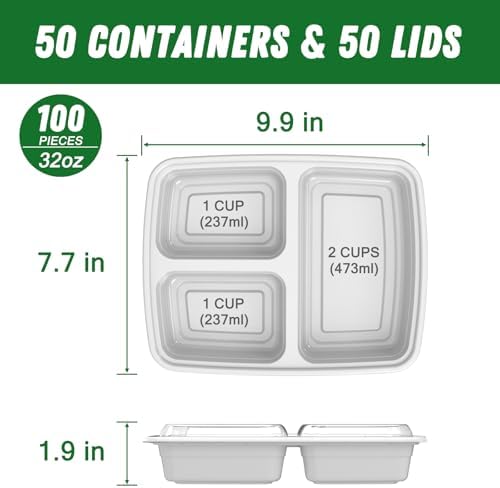 Dealusy 50 Pack 32 oz Meal Prep Containers with Lids 3-Compartment, Silver - Image 2