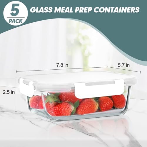 KOMUEE 30 oz 5 Pack Glass Meal Prep Containers with Lids, White - Image 7