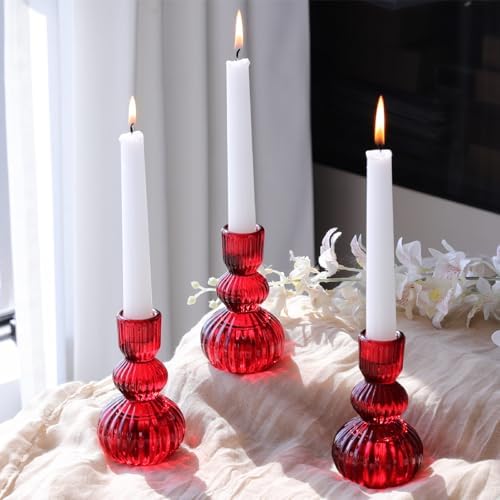 Woho 3pcs Red Taper Candle Holders Glass, Candlestick Holders for Christmas by Woho