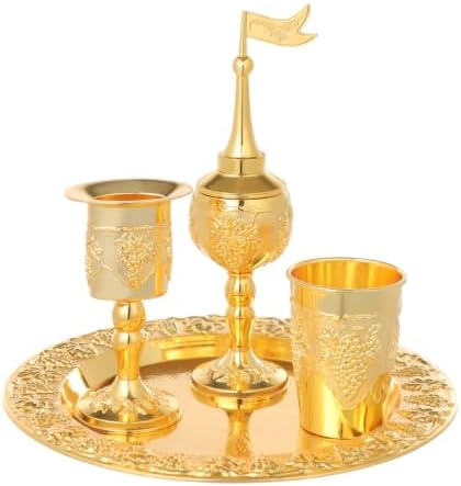 4-Piece Havdallah Set, Shabbat Havdalah Set with Candle Holder, Kiddush Cup, Spice Box, Retro Decorative Wine Set for Home Synagogue, Gold by Unknown
