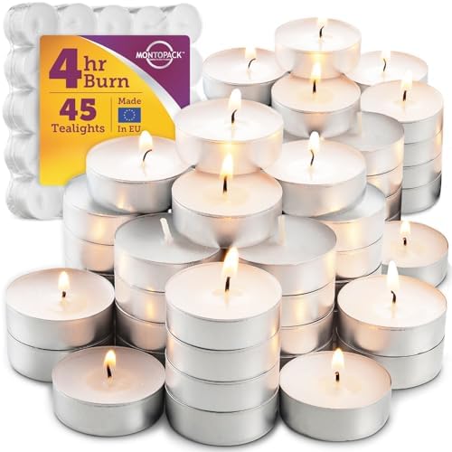 MontoPack Unscented Tea Light Candles 45 Pack | 4 Hours, White, Smokeless, Dripless Small Votive Paraffin Tealights | Long-Lasting for Home, Shabbat, Weddings, Events, Emergencies | Mini Candles Bulk by MontoPack