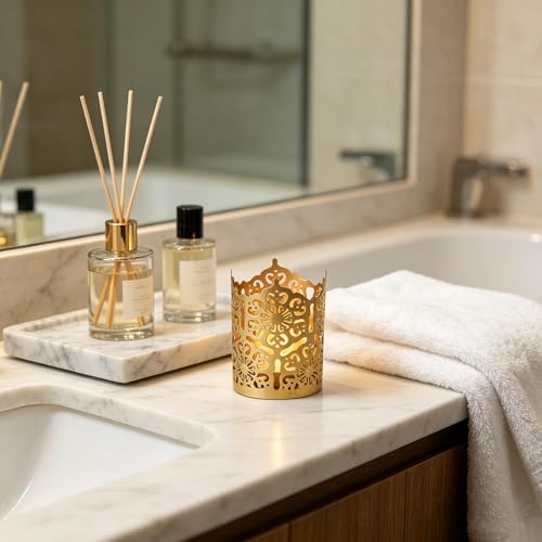 Hosley Set of 3 Gold Diamond Cut Candle Holders 4 Inches High Elevate Your Space with Elegant Metal Candle Holders in a Value Pack - Image 6