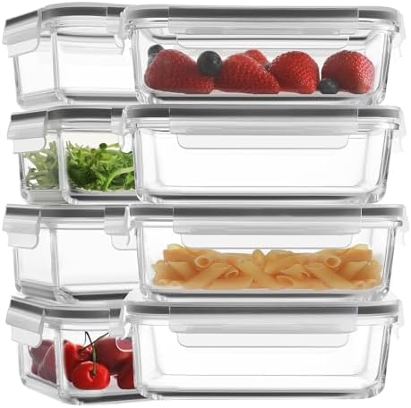 HOMBERKING 30oz 8 Pack Glass Meal Prep Containers with Lids, Food Storage Airtight Bento Boxes with Leak Proof Locking for Microwave, Oven, Freezer and Dishwasher (8 lids & 8 Containers) by HOMBERKING