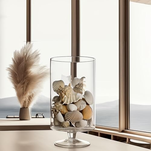 WGVI Clear Glass Pedestal Hurricane Candle Holder, 7.75"W, 13.5"H, Decorative Vase for Pillar Candles, Short Stemmed Candleholder Cylinder, Tabletop Centerpieces, Home Décor, Elegant Design, 1 Piece - Image 6