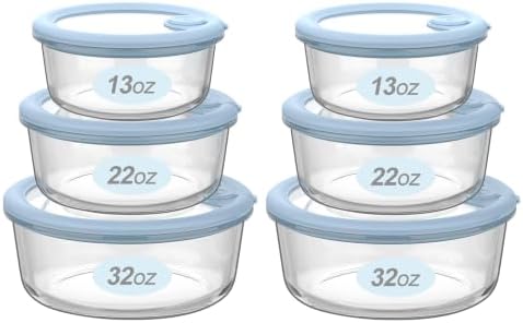 Glass Food Storage Containers with Silicone Glass Lids, 6 Pack Round Airtight Meal Prep food container, Leakproof Borosilicate Glass Bowls Set, Microwave, Oven, Freezer & Dishwasher Safe by Eco-Evo